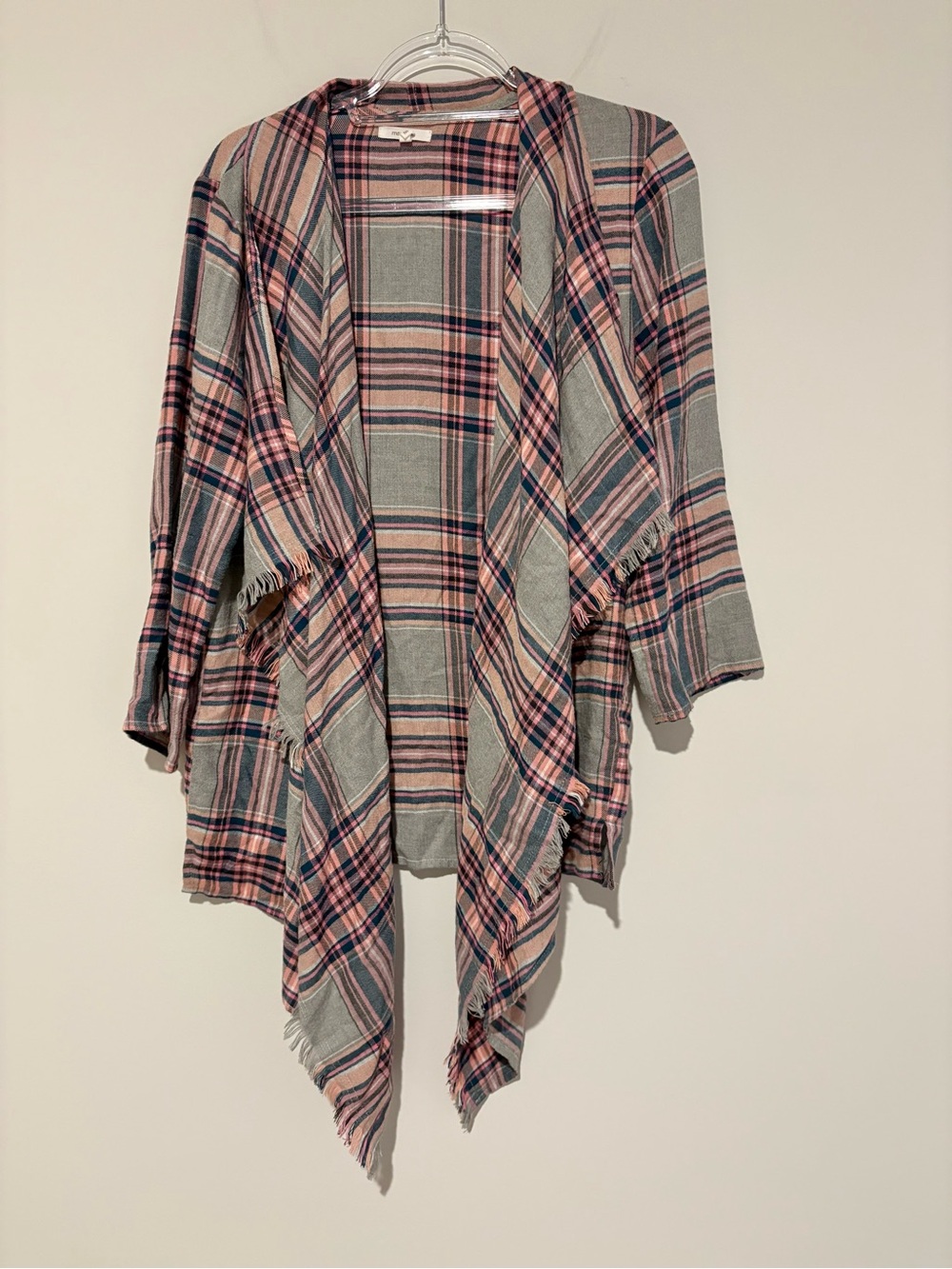 Maurices Plaid Open-Front Cape Waterfall Cardigan Pink & Gray medium